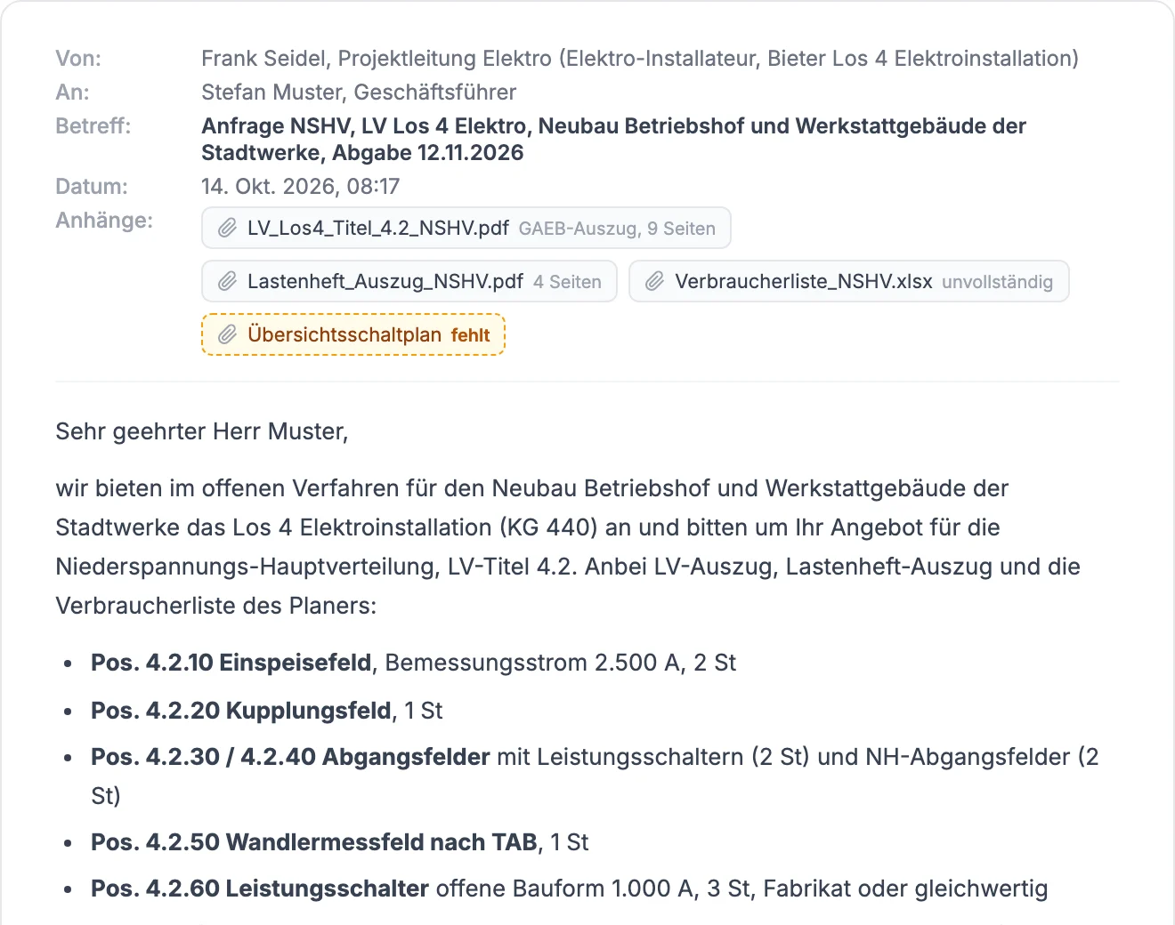 Bildschirmfoto: weitergeleitete Anfrage mit Anhängen, der Übersichtsschaltplan ist als fehlend markiert